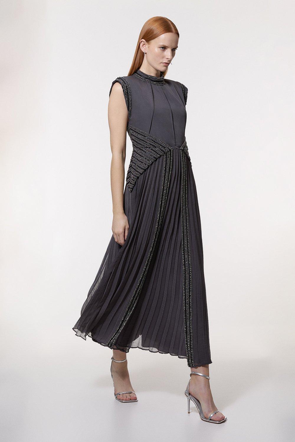 KAREN MILLEN* ペプラム バンドゥ バックル マキシドレス Embellished And Beaded Woven Maxi Dress | Karen Millen